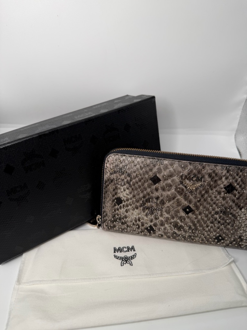 MCM Visetos Snakeskin Embossed Large Zip-Around Wallet.